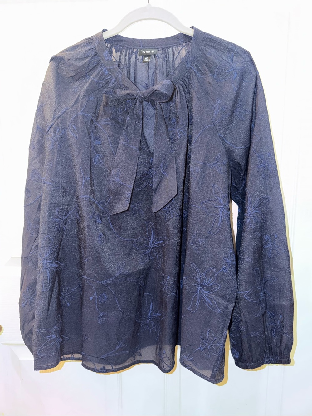 torrid Navy Embroidered Tie-Neck Blouse